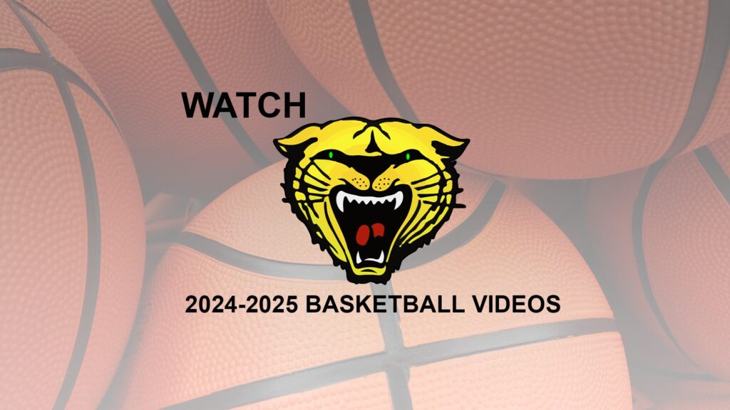 Watson Chapel High School Wildcats logo with text 'Watch 2024-2025 Basketball Videos' over a background of basketballs.