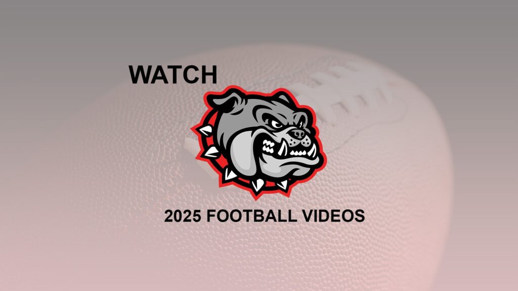White Hall High School Bulldogs logo with text 'Watch 2025 Football Videos' over a background of a football.