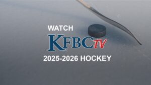 KFBCtv logo with text "Watch 2025-2026 Hockey" over a hockey stick and puck on ice.