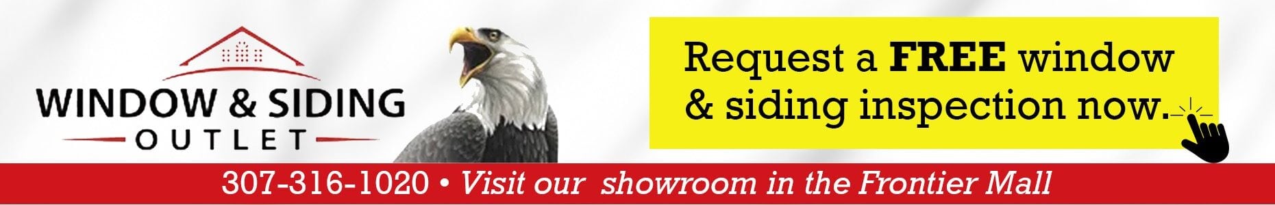 Window & Siding Outlet digital banner featuring a call-to-action and showroom location in the Frontier Mall.