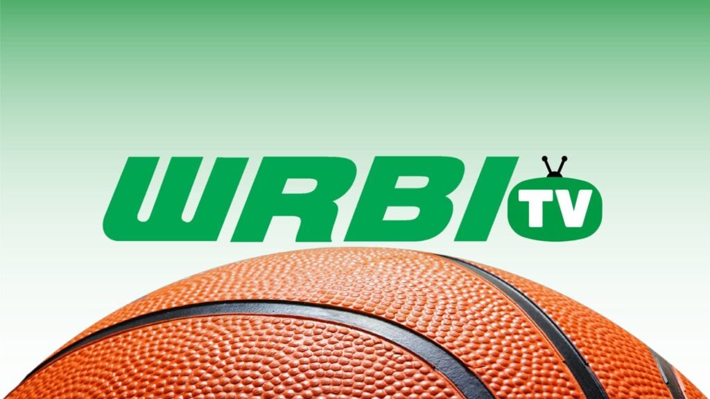 WRBI-TV basketball graphic with basketball in foreground