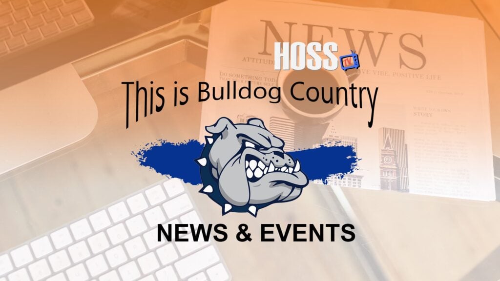 HOSS TV Cabool Bulldogs news and events placard with bulldog mascot and newspaper background.