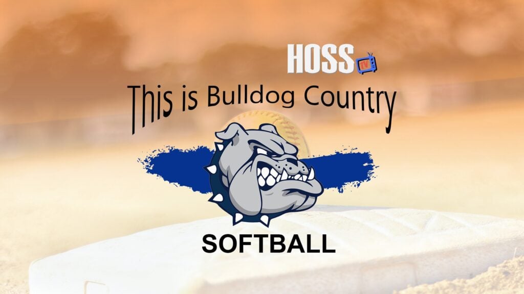 HOSS TV Cabool Bulldogs softball placard with bulldog mascot and softball field background.