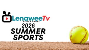LenaweeTV 2026 summer sports graphic with softball on infield dirt and branding