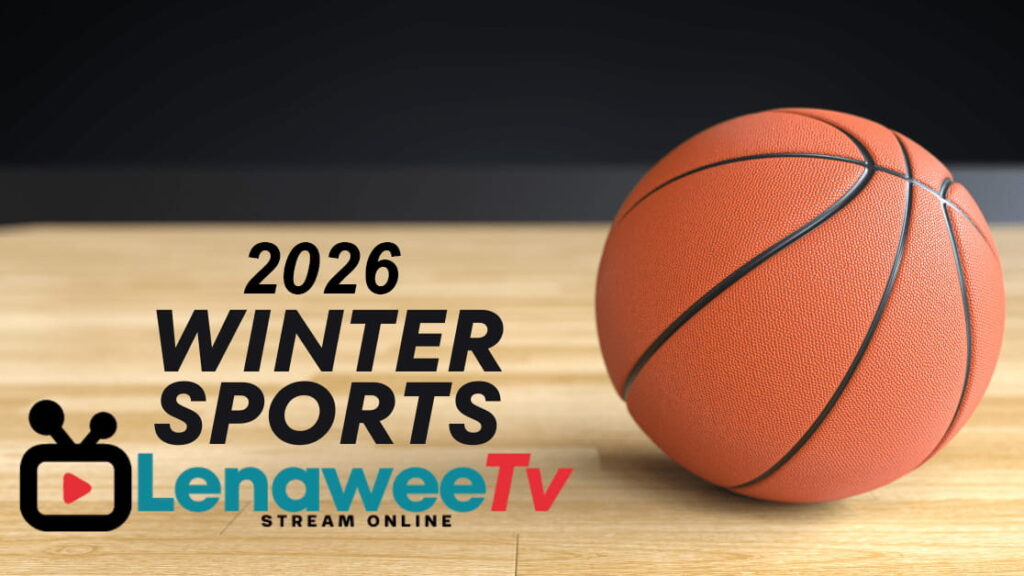 LenaweeTV 2026 winter sports graphic with basketball on court and stream branding