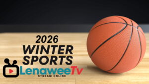 LenaweeTV 2026 winter sports graphic with basketball on court and stream branding